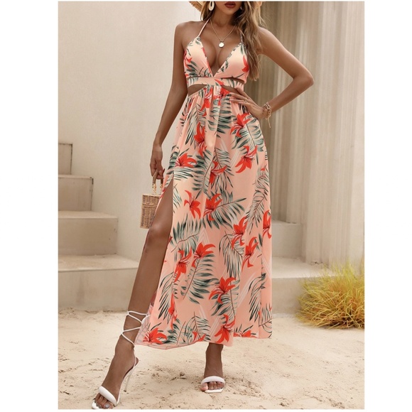 Peach Pink Boho Tropical Print Backless Maxi Dress V-Neck Floral Flared - Picture 4 of 10
